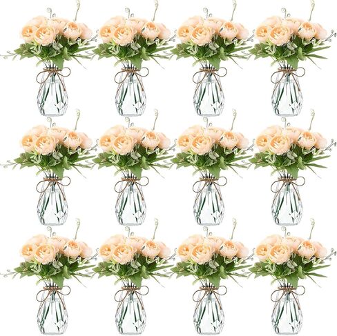 Zeyune 37 Pack Artificial Peonies Flowers with Bud Vase Bulk 24 Bundles Silk Peonies Bouquets 12 Plastic Clear Vase with 1 Rope Fake Flowers for Table Centerpiece Vases(White,Perfume) in Saudi Arabia