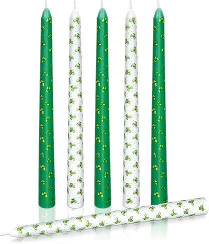 12 Pcs St. Patrick's Day Dripless Taper 9.8" Watercolor Green Shamrock Clover Candle Long Unscented Candle Sticks for Irish Wedding Party Favors Gifts Indoor Home Table Decor in Saudi Arabia