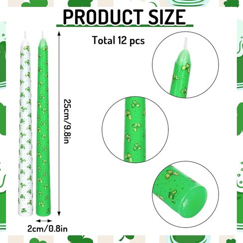 12 Pcs St. Patrick's Day Dripless Taper 9.8" Watercolor Green Shamrock Clover Candle Long Unscented Candle Sticks for Irish Wedding Party Favors Gifts Indoor Home Table Decor in Saudi Arabia