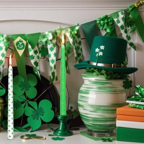 12 Pcs St. Patrick's Day Dripless Taper 9.8" Watercolor Green Shamrock Clover Candle Long Unscented Candle Sticks for Irish Wedding Party Favors Gifts Indoor Home Table Decor in Saudi Arabia