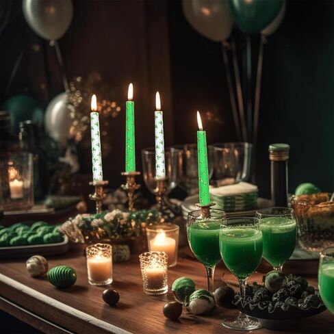 12 Pcs St. Patrick's Day Dripless Taper 9.8" Watercolor Green Shamrock Clover Candle Long Unscented Candle Sticks for Irish Wedding Party Favors Gifts Indoor Home Table Decor in Saudi Arabia