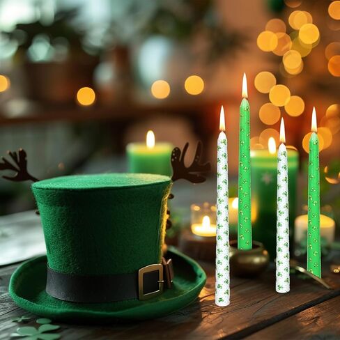 12 Pcs St. Patrick's Day Dripless Taper 9.8" Watercolor Green Shamrock Clover Candle Long Unscented Candle Sticks for Irish Wedding Party Favors Gifts Indoor Home Table Decor in Saudi Arabia