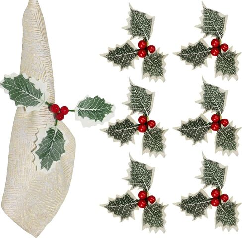 مجموعة حلقات مناديل التوت الأحمر لعيد الميلاد مكونة من 6 قطع، حامل مناديل قماش لإعداد الطاولة، حلقات منديل كوز الصنوبر في المزرعة الريفية مع التوت والديكور لتتناسب مع طاولة طعام العشاء في العطلات (أحمر وأخضر، 1.4 بوصة) in Kuwait