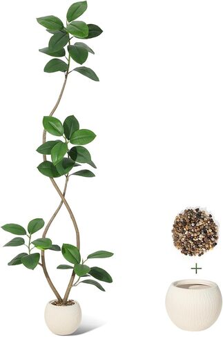 شجرة مطاطية صناعية بطول 7 أقدام مع زارع راتنج كروي أبيض وشجرة تين من أوراق الكمان الصناعية، شجرة اصطناعية داخلية طويلة نبات شجرة وهمية استوائية كبيرة أرضية شجرة لمسة حقيقية لديكور المنزل in Kuwait