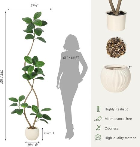 شجرة مطاطية صناعية بطول 7 أقدام مع زارع راتنج كروي أبيض وشجرة تين من أوراق الكمان الصناعية، شجرة اصطناعية داخلية طويلة نبات شجرة وهمية استوائية كبيرة أرضية شجرة لمسة حقيقية لديكور المنزل in Kuwait