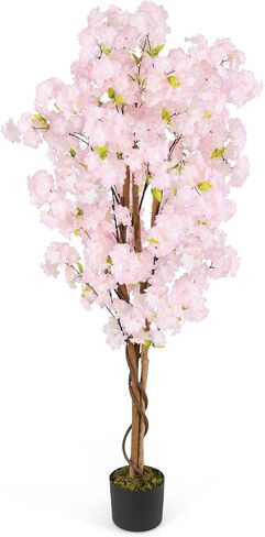 GOFLAME 5FT Artificial Cherry Blossom Tree, Faux Pink Silk Plant with Solid Wood Trunk, Realistic Moss and Nursery Pot, Fake Sakura Flower Tree for Home Office Indoor Decor in Kuwait