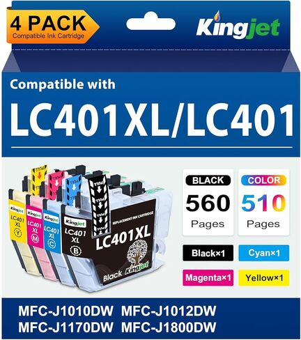 Kingjet Ink LC401XL Ink Cartridges Replacement for Brother LC401 Ink Cartridges LC401 XL LC401XL LC 401 Compatible with Brother Printers MFC-J1010DW MFC-J1170DW MFC-J1012DW MFC-J1800DW (4 Pack) in Kuwait