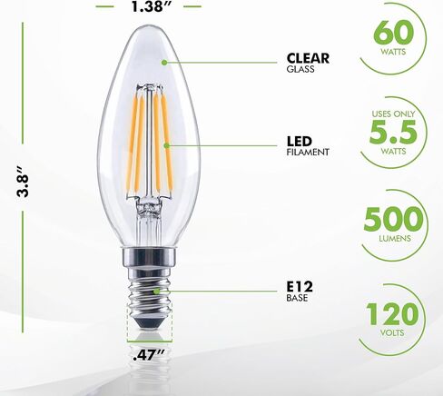 (12 Pack) 60-Watt Equivalent LED E12 Candelabra Base B11 Dimmable Clear Filament Vintage Style Light Bulb 2700K Warm White Decorative 60W LED Chandelier Ceiling Fan Bulbs. in Kuwait