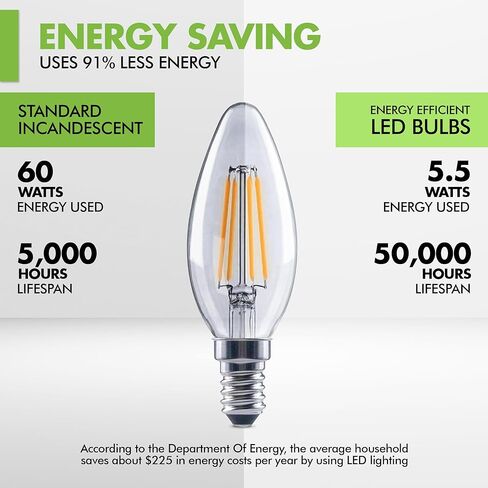 (12 Pack) 60-Watt Equivalent LED E12 Candelabra Base B11 Dimmable Clear Filament Vintage Style Light Bulb 2700K Warm White Decorative 60W LED Chandelier Ceiling Fan Bulbs. in Kuwait