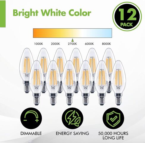 (12 Pack) 60-Watt Equivalent LED E12 Candelabra Base B11 Dimmable Clear Filament Vintage Style Light Bulb 2700K Warm White Decorative 60W LED Chandelier Ceiling Fan Bulbs. in Kuwait