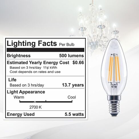 (12 Pack) 60-Watt Equivalent LED E12 Candelabra Base B11 Dimmable Clear Filament Vintage Style Light Bulb 2700K Warm White Decorative 60W LED Chandelier Ceiling Fan Bulbs. in Kuwait