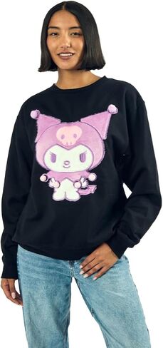 Bioworld Kuromi Big Face Plush Character Women's Black Crew Neck Long Sleeve Oversized Fleece Sweatshirt in Saudi Arabia