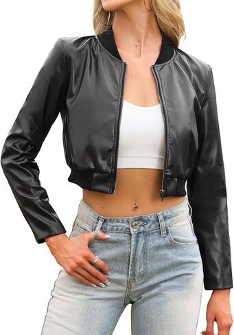 سترة Allegra K من الجلد الصناعي للنساء كاجوال بسحاب من جلد البولي يوريثان لراكبي الدراجات النارية والدراجات النارية in Kuwait