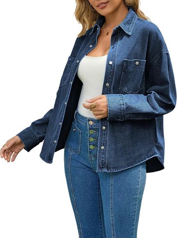 INR Denim Shirt Jacket for Women Oversized Button-Down Utility Coat Drop-Shoulder Sleeve Outers in Kuwait
