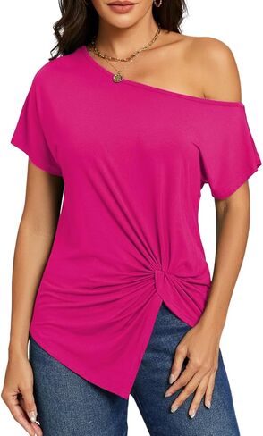 Womens Summer Off Shoulder Tops Sexy Casual Short Sleeve Front Knot Ruched Asymmetrical Shirts Dolman Blouse in Kuwait