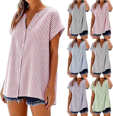 Summer Tops for Women 2026 Striped Short Sleeve Cotton Linen Shirts Button Down Dressy Casual Beach Vacation Blouses in Saudi Arabia