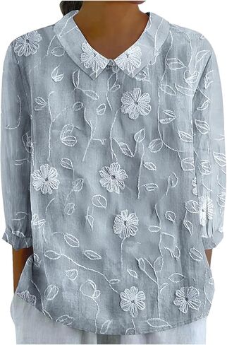 Women's Boho Floral Applique 3/4 Sleeve Shirt Top Summer Dressy Casual Cute Embroidery Lapel Loose Comfy Blouses in Saudi Arabia