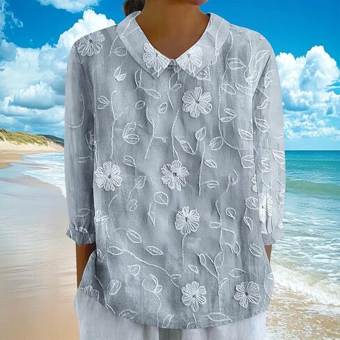 Women's Boho Floral Applique 3/4 Sleeve Shirt Top Summer Dressy Casual Cute Embroidery Lapel Loose Comfy Blouses in Saudi Arabia