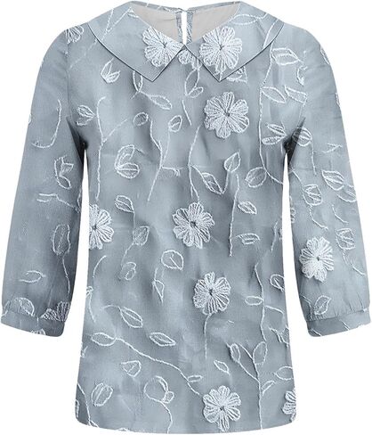 Women's Boho Floral Applique 3/4 Sleeve Shirt Top Summer Dressy Casual Cute Embroidery Lapel Loose Comfy Blouses in Saudi Arabia