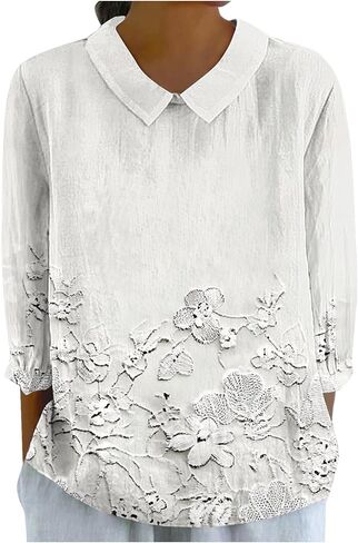 Women's Boho Floral Applique 3/4 Sleeve Shirt Top Summer Dressy Casual Cute Embroidery Lapel Loose Comfy Blouses in Saudi Arabia