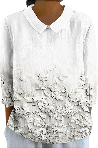 Women's Boho Floral Applique 3/4 Sleeve Shirt Top Summer Dressy Casual Cute Embroidery Lapel Loose Comfy Blouses in Saudi Arabia