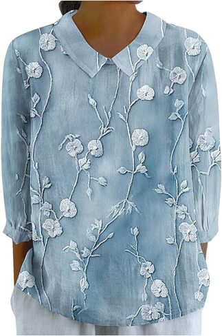 Women's Boho Floral Applique 3/4 Sleeve Shirt Top Summer Dressy Casual Cute Embroidery Lapel Loose Comfy Blouses in Saudi Arabia