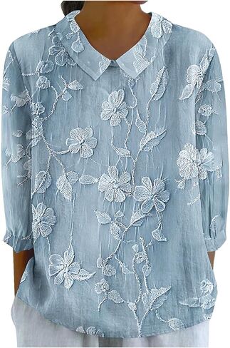 Women's Boho Floral Applique 3/4 Sleeve Shirt Top Summer Dressy Casual Cute Embroidery Lapel Loose Comfy Blouses in Saudi Arabia