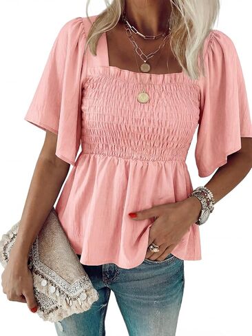 بلوزة نسائية صيفية من HEYTALALA بلوزة بيبلوم برقبة مربعة وكشكشة وأكمام قصيرة بلوزة فضفاضة تناسب بيبي دول 2025 in Kuwait