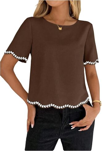 OYOANGLE Women's Summer Embroidered Scallop Trim Blouse Casual Short Sleeve Keyhole Back Dressy Slim Fit Shirt Tops in Saudi Arabia