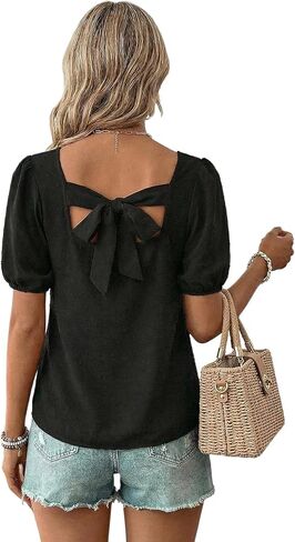 Women's Bow Tie Back Puff Sleeve Tops Summer Swiss Dots Square Neck Dressy Casual Blouses in Saudi Arabia