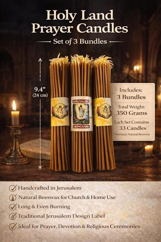 ZULUF 33 Beeswax Taper Candles Blessed at Holy Sepulchre Jerusalem – 9" Honey Scent Orthodox Church Prayer Candles, Christian Devotional Candles for Liturgy, Easter, Home Altar – 3 Bundles (99 Total) in Saudi Arabia