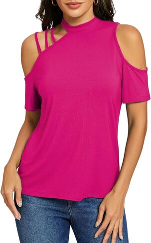 LEIYEE Womens Cold Shoulder Tops Sexy Casual Short Sleeve Summer Halter Neck Going Out Concert Party Asymmetrical Shirts in Kuwait