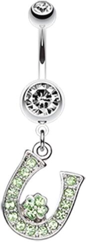 Pierced Owl 14GA 316L Stainless Steel Green CZ Crystal Horseshoe with Four Leaf Clover Dangling Belly Button Ring in Saudi Arabia