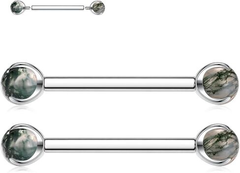 FUNLMO 1 Pair Nipple Piercing Jewelry Nipple Rings Titanium Tongue Rings Bridge Piercing Jewelry Internally Threaded Moss Agate Nipple Barbells in Saudi Arabia