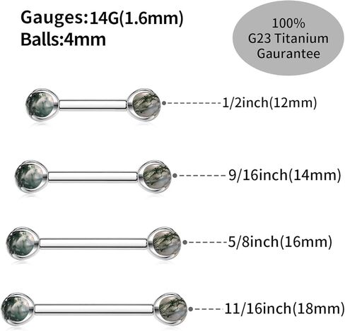 FUNLMO 1 Pair Nipple Piercing Jewelry Nipple Rings Titanium Tongue Rings Bridge Piercing Jewelry Internally Threaded Moss Agate Nipple Barbells in Saudi Arabia