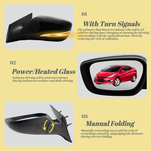 مرآة جانبية للراكب الأيمن متوافقة مع 2011 2012 2013 Hyundai Elantra مع زجاج الطاقة، إشارة الانعطاف الساخنة، دليل قابل للطي، استبدال #876103Y000، 6 دبابيس باللون الأسود in Kuwait