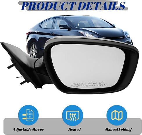 مرآة جانبية للراكب الأيمن متوافقة مع 2011 2012 2013 Hyundai Elantra مع زجاج الطاقة، إشارة الانعطاف الساخنة، دليل قابل للطي، استبدال #876103Y000، 6 دبابيس باللون الأسود in Kuwait