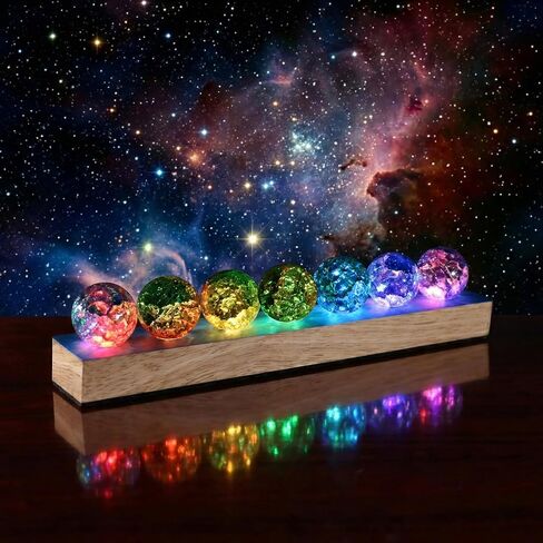 7 Chakra Natural Healing Spheres, LED Wooden Stand, 7 Colors 40mm Crystal Quartz Stones and Healing Stones for Meditation Attracts Lucky Chakra Decor Balls Set for Home Office in Saudi Arabia