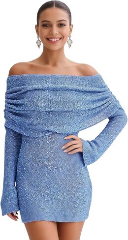 Womens Elegant Off The Shoulder Knit Sweater Dress Sheer Flare Long Sleeve Cute Mini Dress in Kuwait