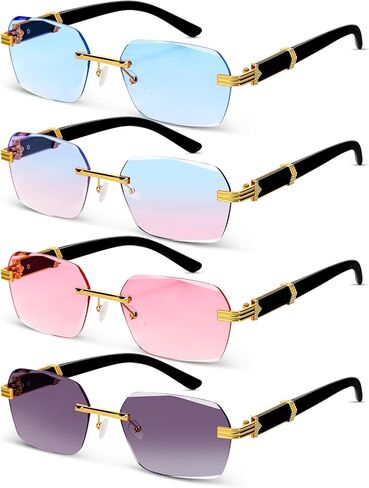 4 Pcs Rimless Rectangle Sunglasses, Retro Frameless Sun Glasses Y2K Style UV400 Protection for Women Men in Saudi Arabia