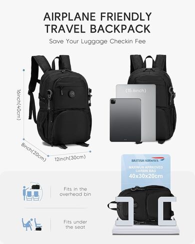 40x30x20 cm Personal Item Travel Bag,16x12x8 inch Small Carry On Backpack 20L, Flight Approved Underseat Travel Luggage Bag,Mochila de Viaje,Cabin Size Lightweight Black in Saudi Arabia