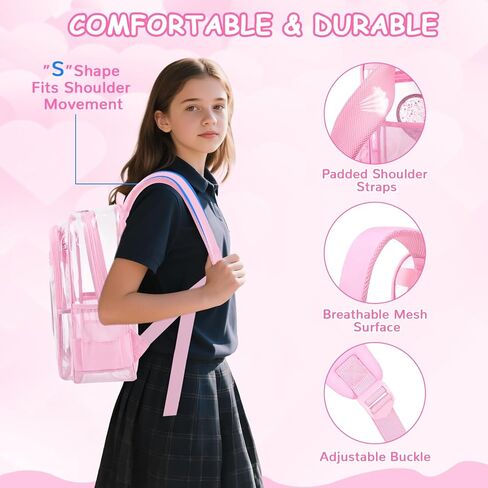 Clear Backpack, Heavy Duty Thick TPU Clear Bookbag, Transparent Bookbag Stadium Events, See Through Large Ergonomic Backpack for School Kids Girls Women Travel Security College Concert, Pink in Saudi Arabia