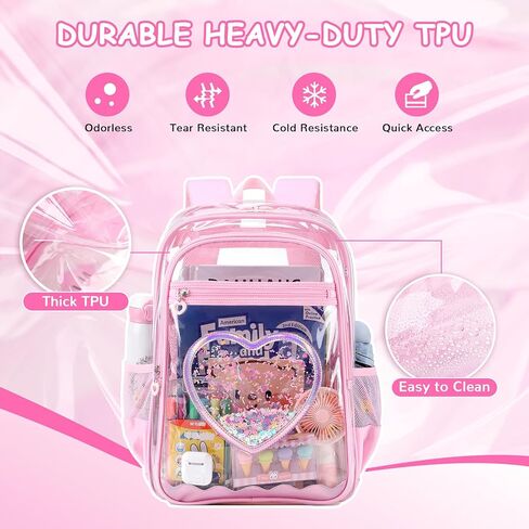 Clear Backpack, Heavy Duty Thick TPU Clear Bookbag, Transparent Bookbag Stadium Events, See Through Large Ergonomic Backpack for School Kids Girls Women Travel Security College Concert, Pink in Saudi Arabia
