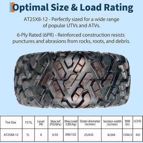 مجموعة إطارات 25x8-12 ATV/UTV مكونة من 2، إطارات 6 طبقات لجميع التضاريس مع مداس 18 مم لركوب الطين والرمال والممرات، إطارات بدون أنبوب 25x8x12 لنماذج ATV وUTV in Kuwait