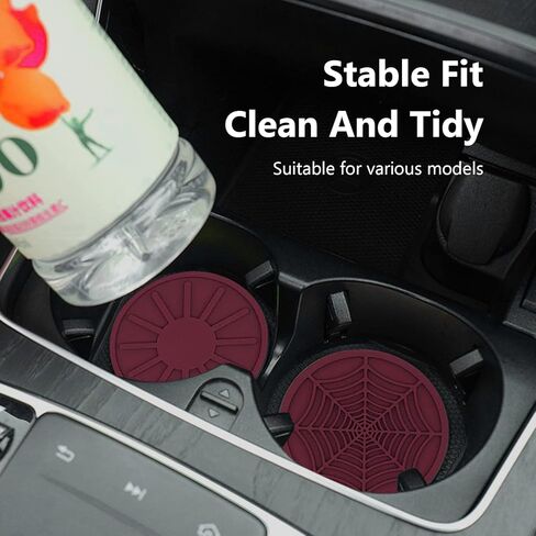 حامل أكواب من cueclue 4 قطع لأكواب السيارة، 2.67 بوصة من السيليكون المضاد للانزلاق لحامل أكواب السيارة، تصميم مخطط على شكل نقطة عنكبوتية من الشمس، ملحقات داخلية للسيارات (أحمر خمري) in Kuwait