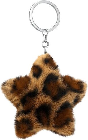 سلسلة مفاتيح على شكل نجمة - سلاسل مفاتيح على شكل نجمة غامضة من القطيفة للنساء مع نمط الفهد الأسود البني، هدايا سلاسل مفاتيح لطيفة لعشاق الموضة ومحبي طباعة الحيوانات in Kuwait
