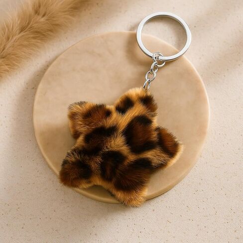 سلسلة مفاتيح على شكل نجمة - سلاسل مفاتيح على شكل نجمة غامضة من القطيفة للنساء مع نمط الفهد الأسود البني، هدايا سلاسل مفاتيح لطيفة لعشاق الموضة ومحبي طباعة الحيوانات in Kuwait