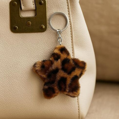 سلسلة مفاتيح على شكل نجمة - سلاسل مفاتيح على شكل نجمة غامضة من القطيفة للنساء مع نمط الفهد الأسود البني، هدايا سلاسل مفاتيح لطيفة لعشاق الموضة ومحبي طباعة الحيوانات in Kuwait