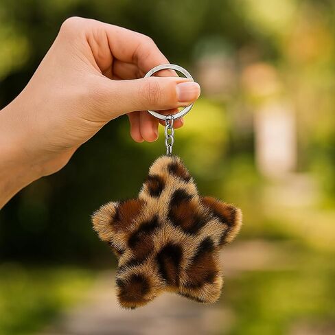 سلسلة مفاتيح على شكل نجمة - سلاسل مفاتيح على شكل نجمة غامضة من القطيفة للنساء مع نمط الفهد الأسود البني، هدايا سلاسل مفاتيح لطيفة لعشاق الموضة ومحبي طباعة الحيوانات in Kuwait