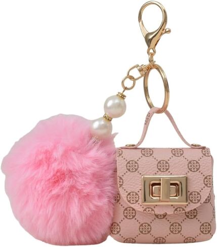 Mini PU Coin Purse Keychain with Plush Ball Decorative Bag Charm for Women in Saudi Arabia